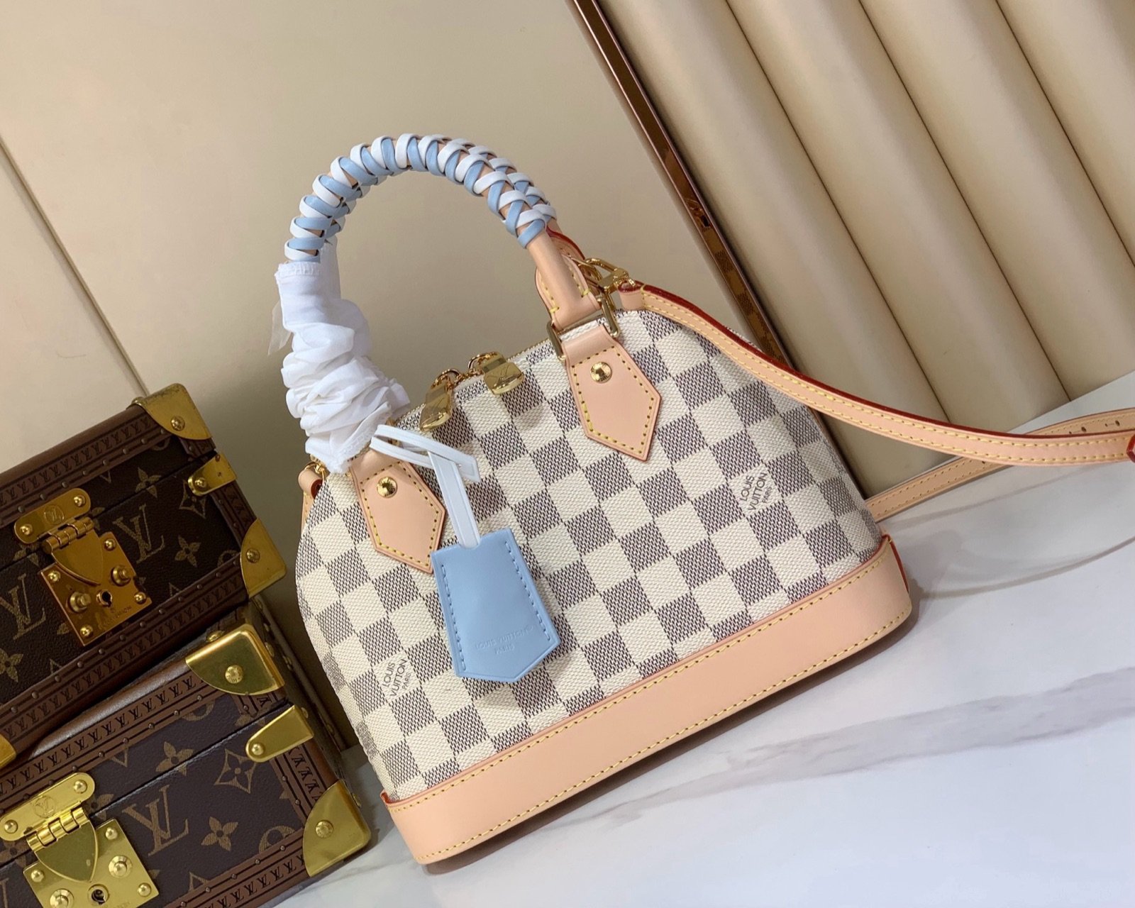 Blue Check Woven Top Handle Bag interior view with woven handle and checked texture
