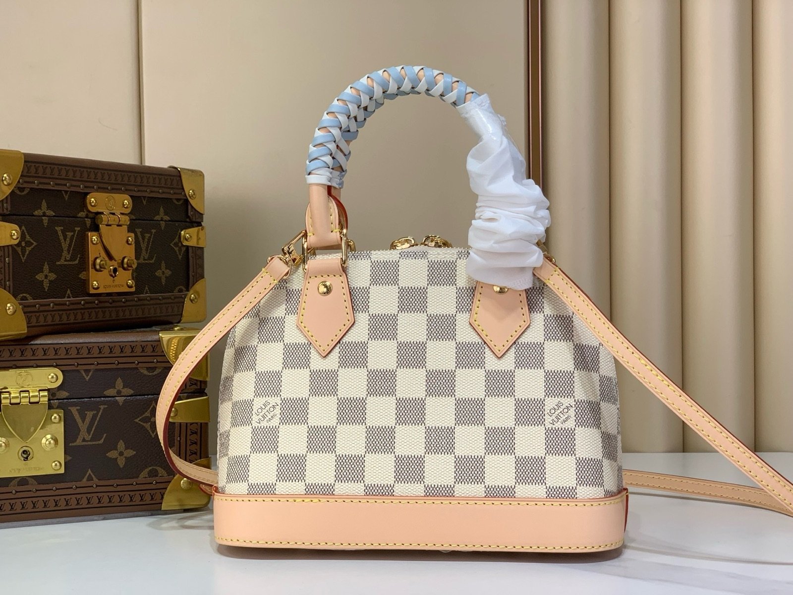 Blue Check Woven Top Handle Bag side view with woven handle and checked texture