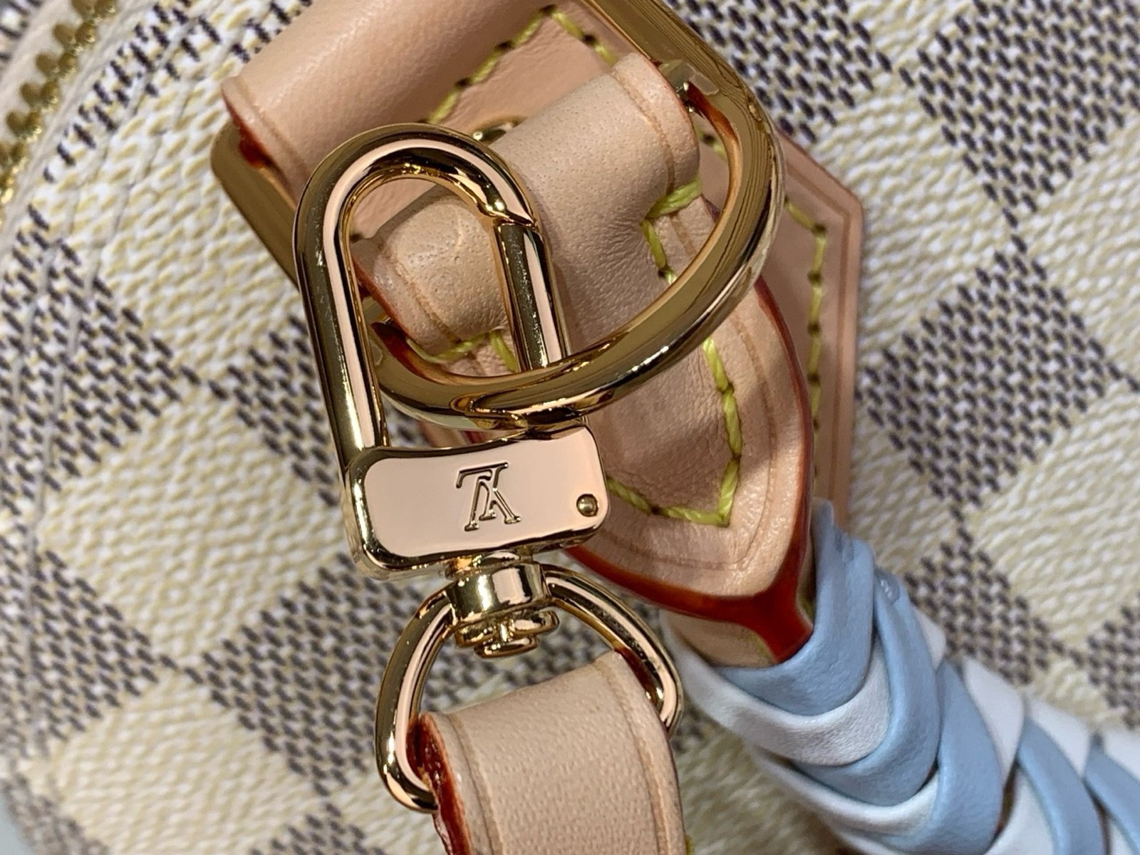 Blue Check Woven Top Handle Bag strap detail view with woven handle and checked texture