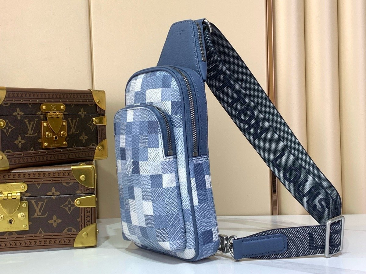 Blue Mosaic Sling Crossbody Bag angle view with mosaic pattern and matte hardware