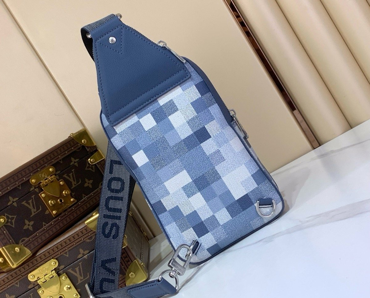 Blue Mosaic Sling Crossbody Bag side view with mosaic pattern and matte hardware