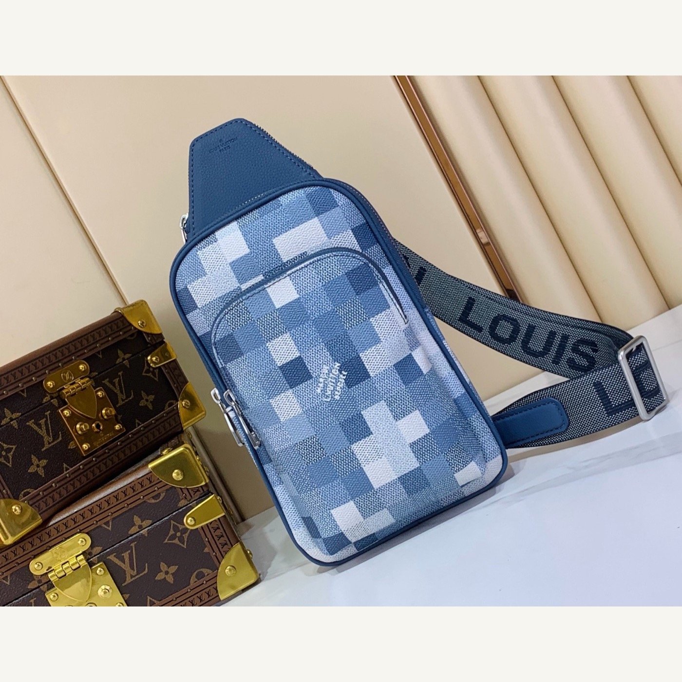 Blue Mosaic Sling Crossbody Bag full front view on neutral thumbnail background