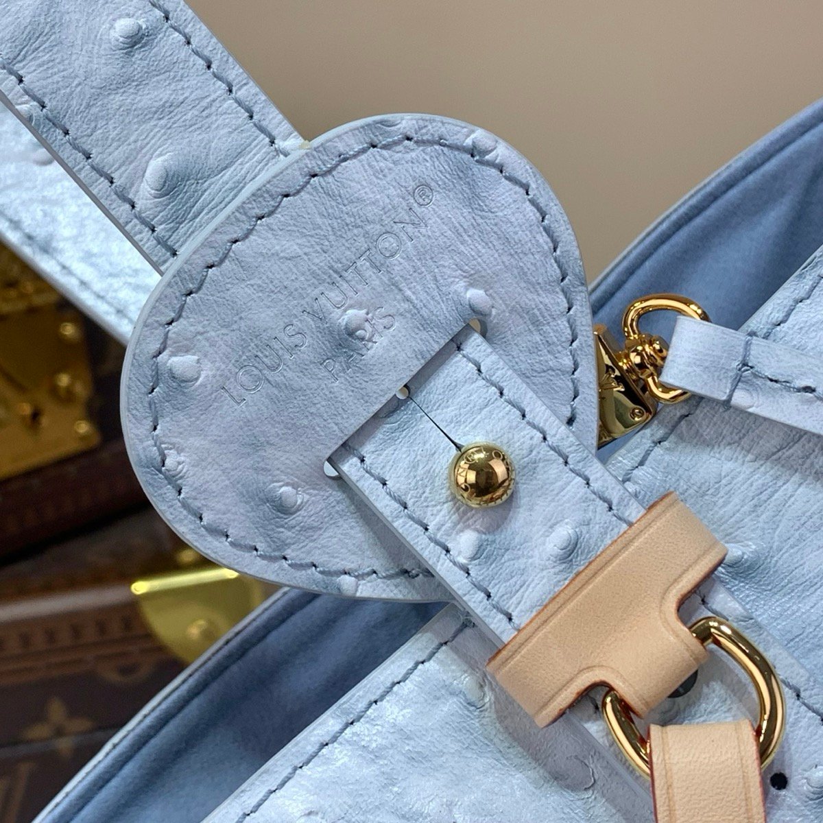 Blue Ostrich Texture Bucket Bag hardware detail view with ostrich texture and polished hardware