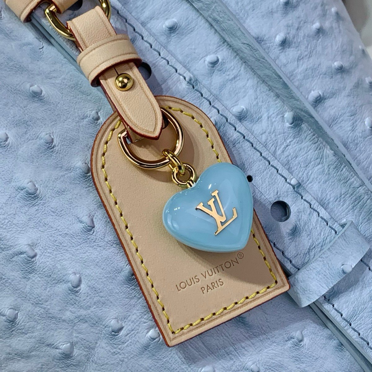 Blue Ostrich Texture Bucket Bag interior view with ostrich texture and polished hardware
