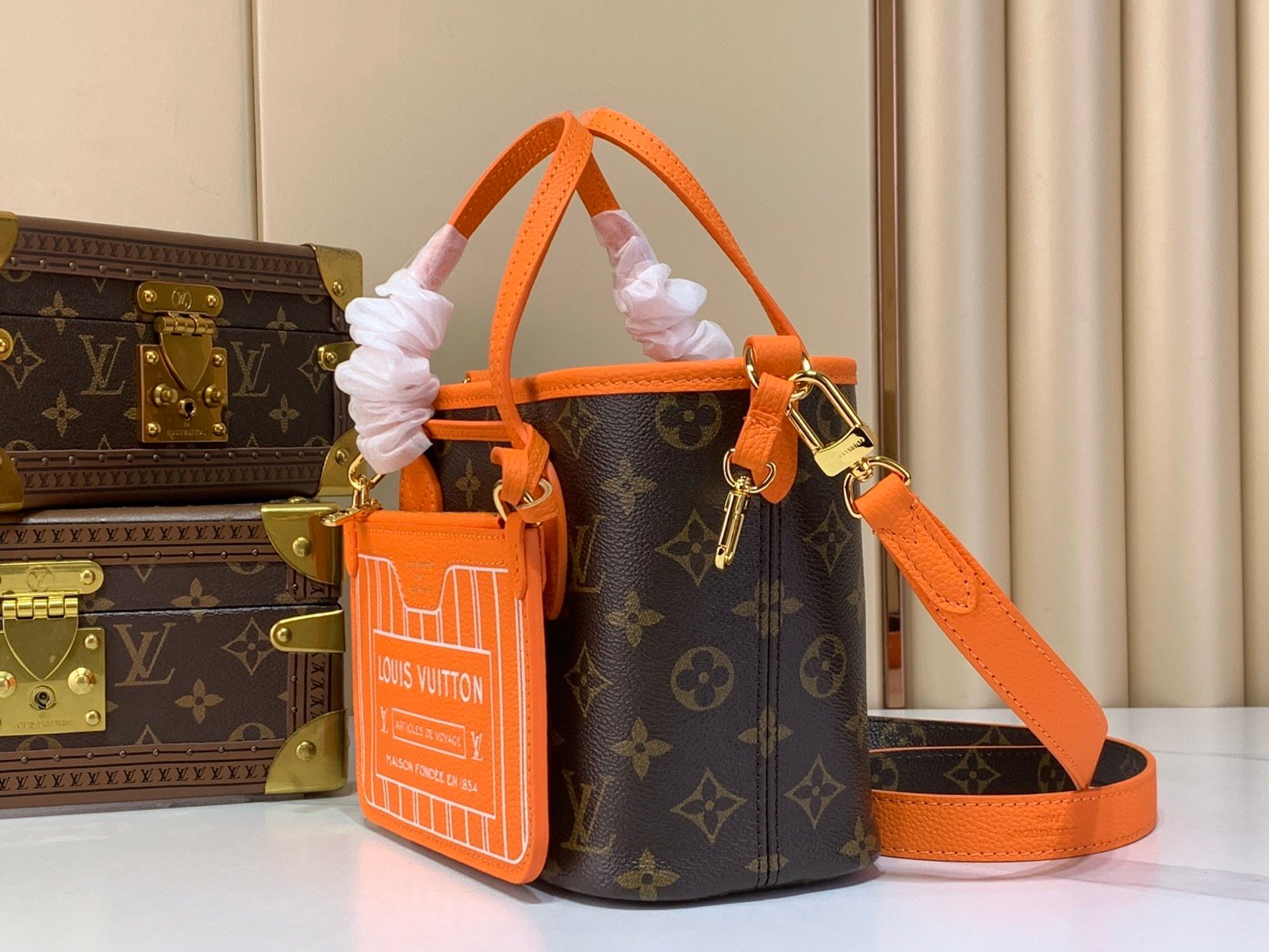 Brown Orange Reversible Mini Tote Bag angle view with reversible patterned canvas and grained texture