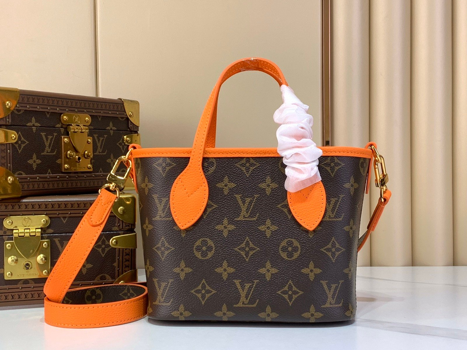 Brown Orange Reversible Mini Tote Bag side view with reversible patterned canvas and grained texture