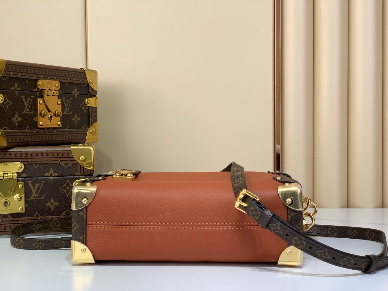 Brown Woven Medium Trunk Bag detail view with woven strap and gold tone hardware
