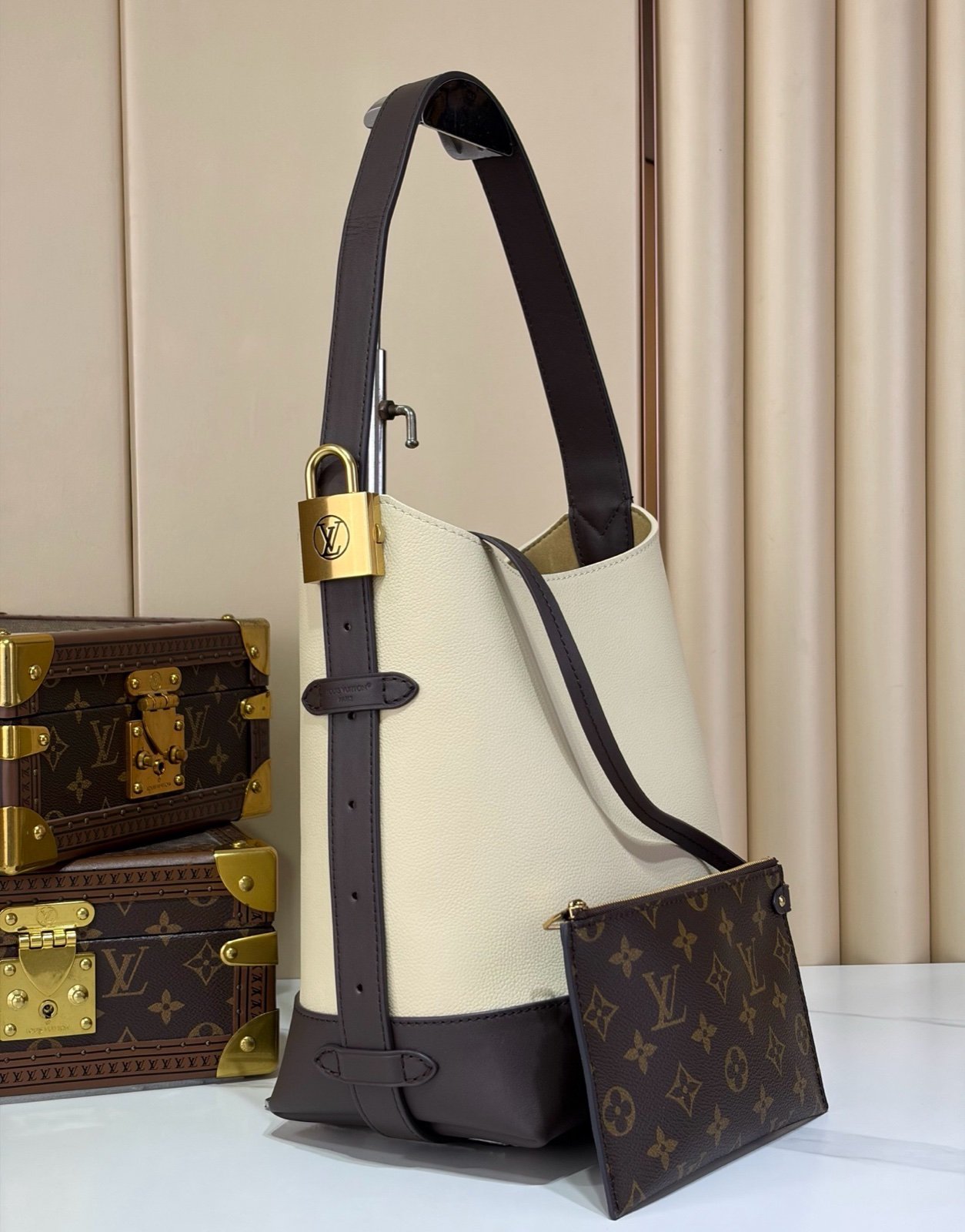 Cream Brown Hobo Shoulder Bag angle view with smooth two tone leather texture with a soft shoulder strap