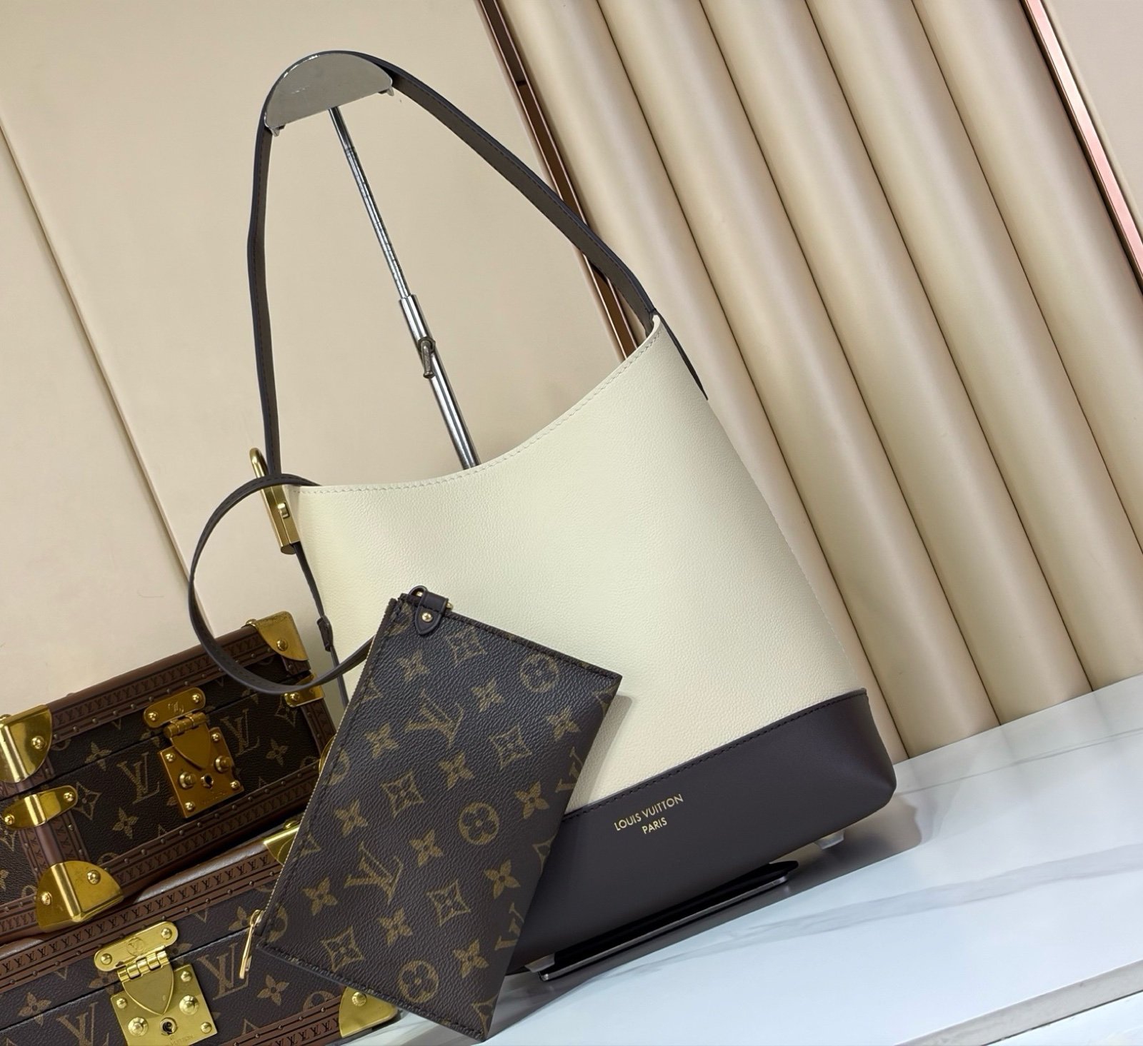 Cream Brown Hobo Shoulder Bag front view with smooth two tone leather texture with a soft shoulder strap