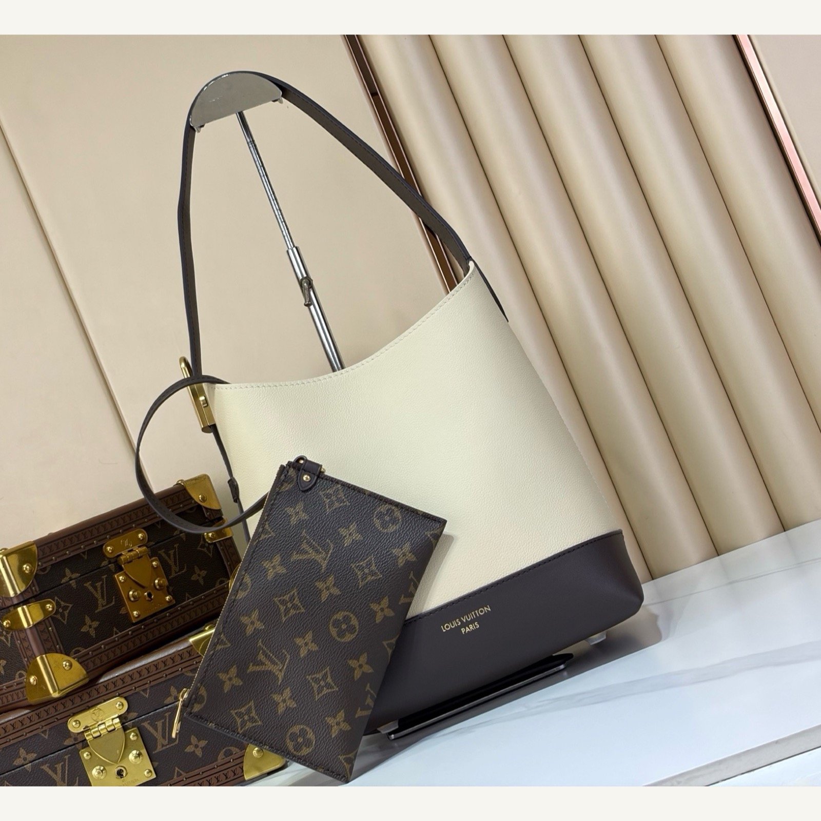 Cream Brown Hobo Shoulder Bag full front view on neutral thumbnail background