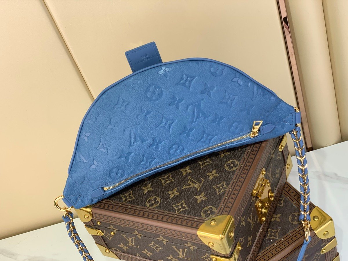 Mist Blue Belt Bag detail view with grained texture and polished hardware