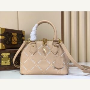 Taupe Embroidered Top Handle Bag full front view on neutral thumbnail background