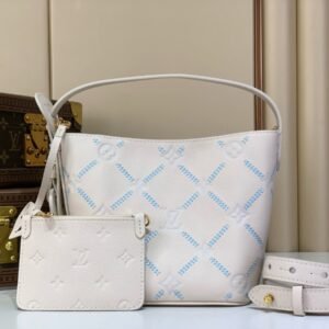 White Embroidered Bucket Bag front view with embroidered texture and light trim
